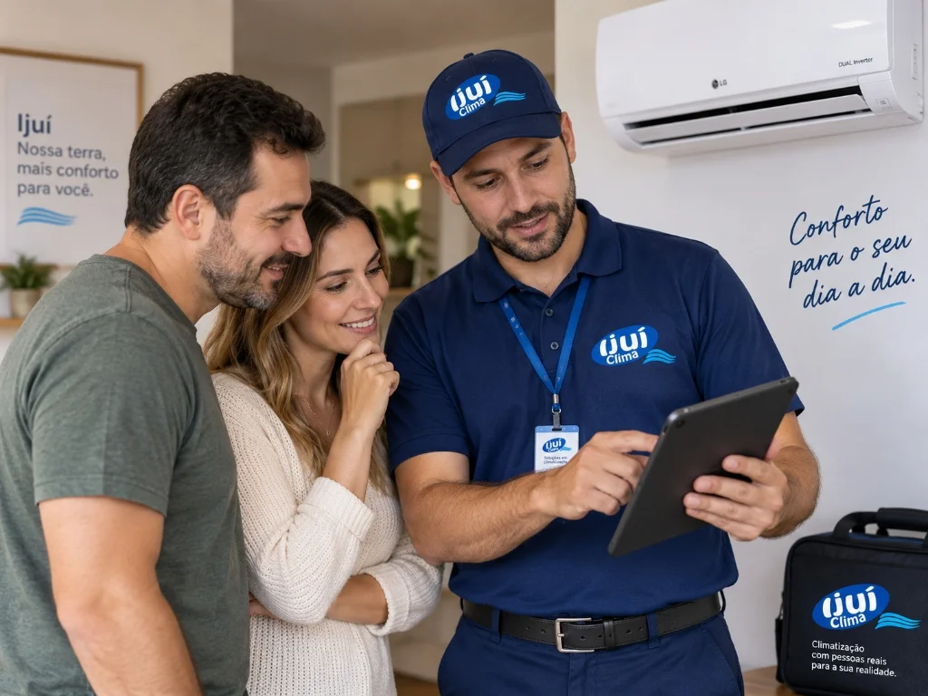 Técnico da Ijuí Clima prestando atendimento e orientando clientes sobre climatização