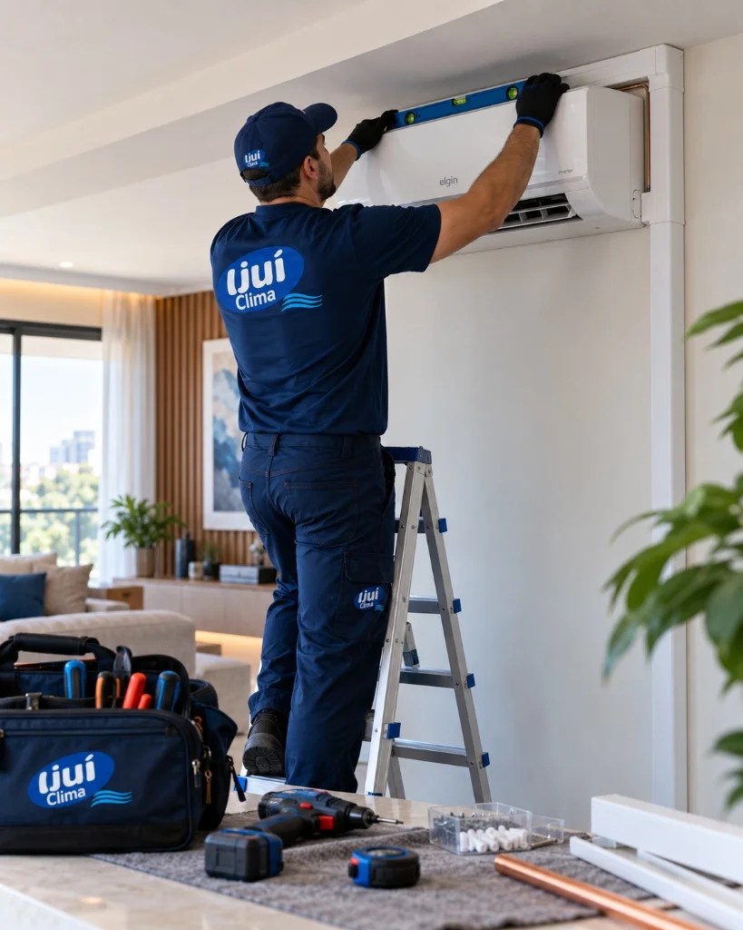 Técnico da Ijuí Clima executando instalação de ar-condicionado com alinhamento milimétrico