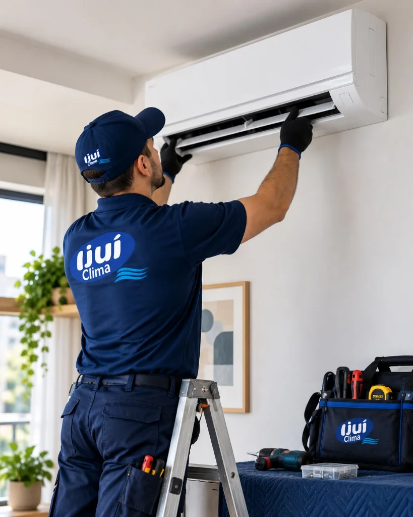 Técnico uniformizado da Ijuí Clima realizando instalação e alinhamento de ar-condicionado Split