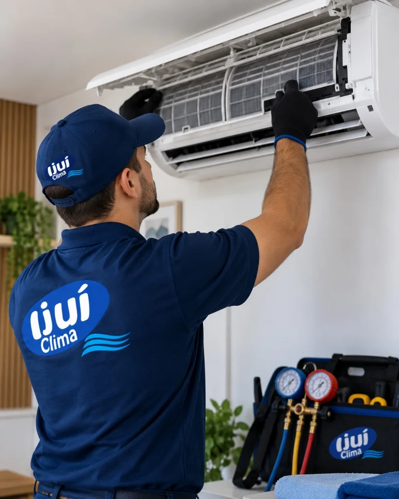 Técnico da Ijuí Clima realizando revisão e manutenção de evaporadora de ar-condicionado