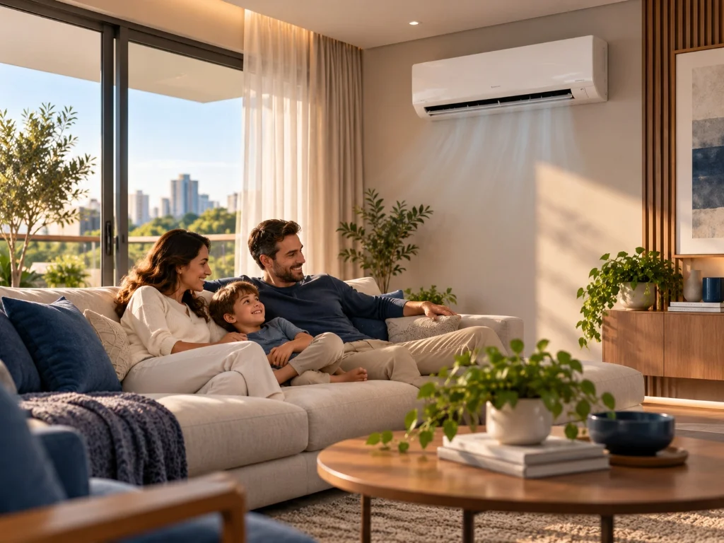 Ambiente residencial com climatização silenciosa integrada de forma discreta