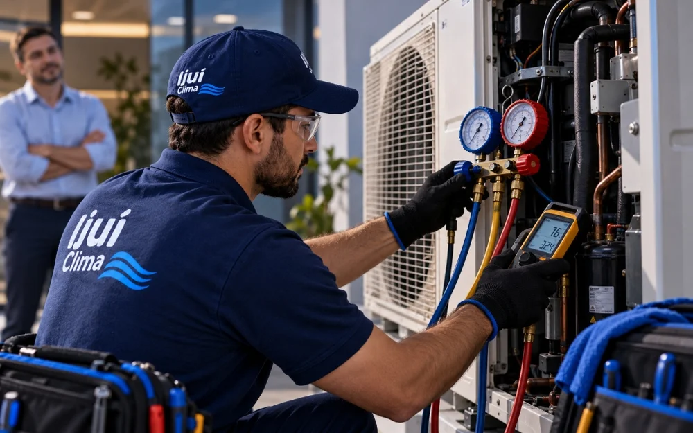 Medição de pressão de fluido refrigerante com manifold executada por técnico da Ijuí Clima