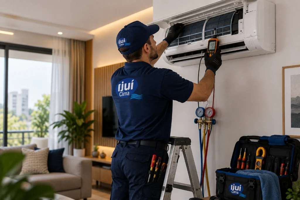 Técnico da Ijuí Clima executando instalação de split residencial com alinhamento e precisão